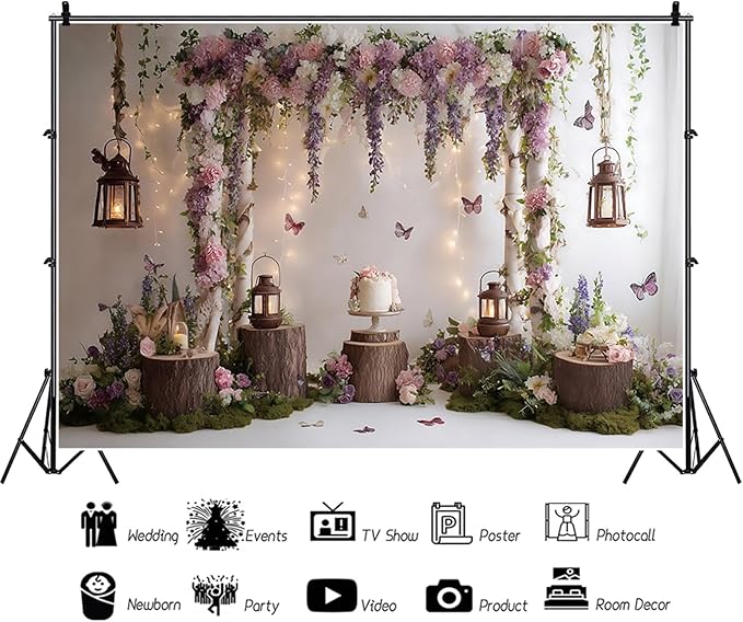 Baocicco Rustic Flower Wall Backdrops 10x6.5ft Farmhouse Wedding Background Photography Baby Shower Bridal Shower Backdrop Purple Floral Wooden Butterfly Backdrop Kids Adults Portraits Studio Props