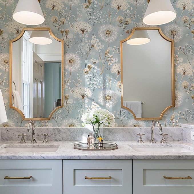Dandelions and Wildflowers Peel and Stick Wallpaper Soft Gray and Blue Self Adhesive Removable Leaf Floral Contact Paper Nursery Bedroom Mural Wall Decorative 17.71"x118.1"