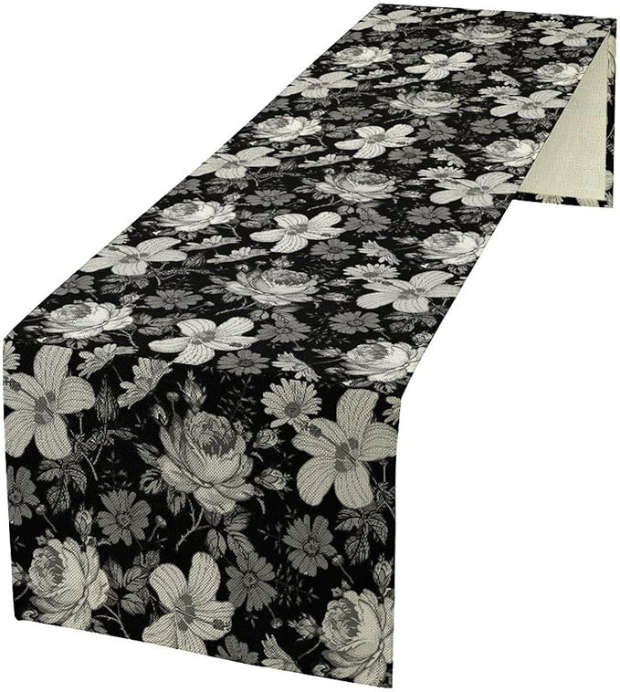 Black Floral Table Runner, Abstract Vintage Black White Floral Plants Leaves Boho Dark Gothic Garden Table Runner for Indoor Outdoor Party Wedding Decor, 13x60inch
