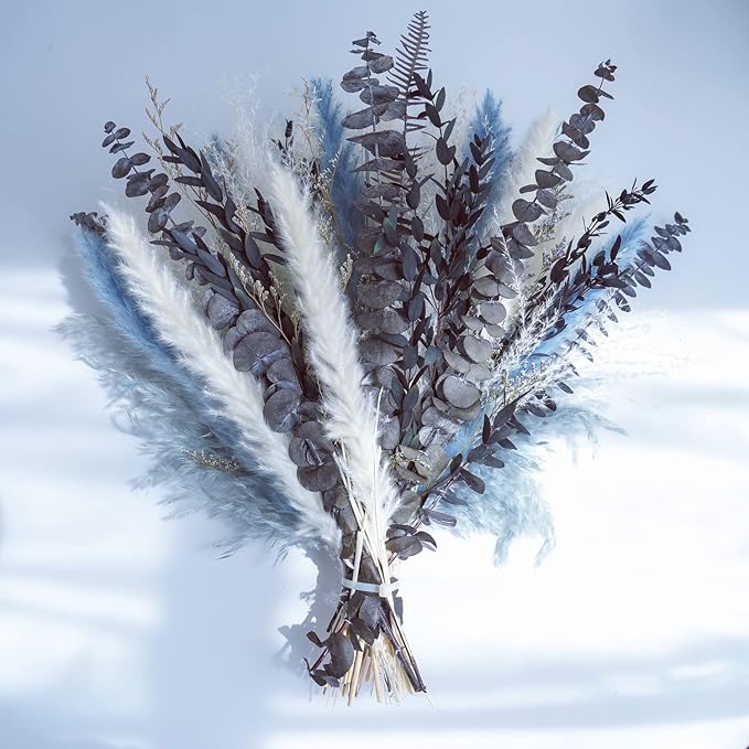 Pampas Grass Bouquet - Natural Dried Flower Arrangement, Mix Plants Eucalyptus Stems Bundle for Boho Table Centerpiece, Rustic Home Office Wedding Decor, or Gift