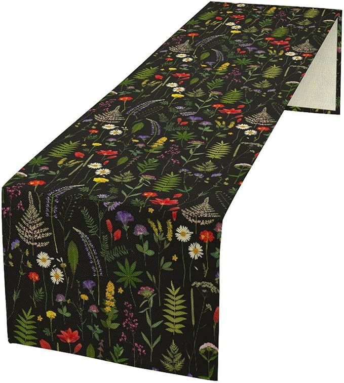 Rustic Field Table Runner, Vintage Farmhouse Natural Forest Wildflowers Plants Herb Print Kitchen Dining Table Decor Seasonal Home Decoration Indoor Outdoor Party, 13x108inch