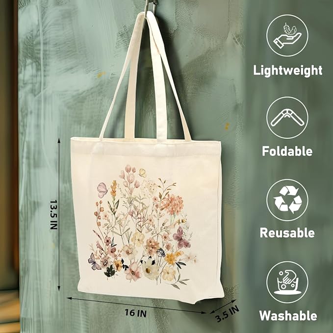 Aesthetic Floral Canvas Tote Bag for Women with Pocket, Tote Bags for Grocery Shopping Travel Christmas Birthday