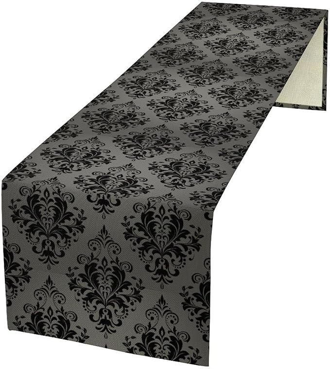 Black Damask Table Runner,Gothic Antique Victorian Floral Boho Table Runner for Home Kitchen Table Dining Garden Farmhouse Wedding Party Decor 13x90 Inch