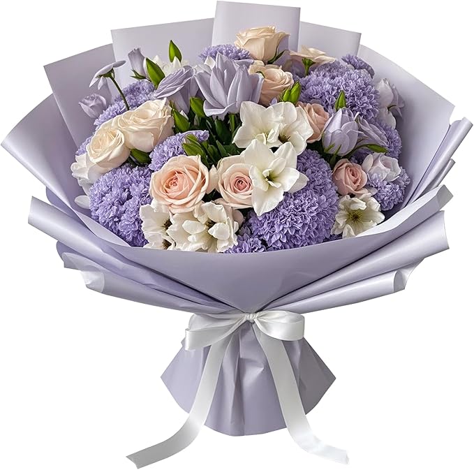 LeZakaa 20 Sheets Flower Wrapping Paper - Waterproof Reversible Floral Bouquet Paper - Purple Design for Valentine's Day, Mother's Day, Parties, Birthdays, Weddings, Baby Shower