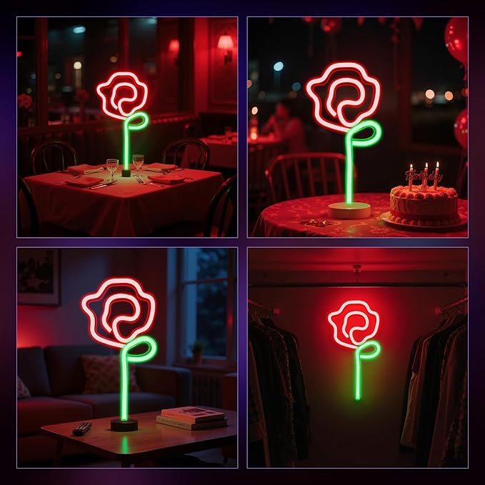 Rose Neon Sign - Red rose Flower with Green Stem Neon Art Wall Decor USB or 3-AA Battery Powered Operated for Girls Bedroom Birthday Gift Party Wedding Rose Lights for Bedroom (Red*2)