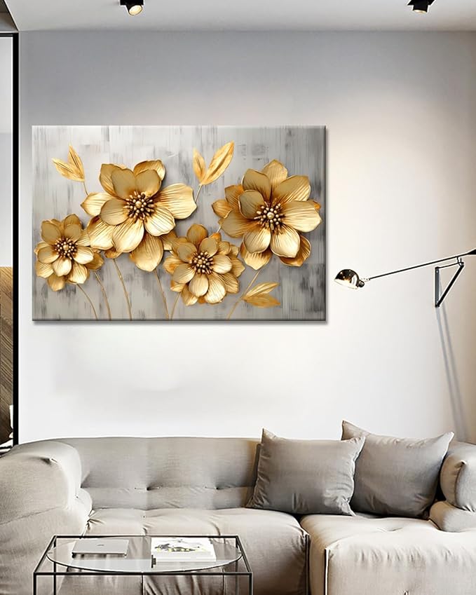 GLOKAKA Gold Metallic Flowers Print Wall Art Elegant Floral Flower Canvas on Grey Background Painting Picture Artwork for Living Room Bedroom Bathroom Decor (Gold Metallic Flowers, 30"x20")