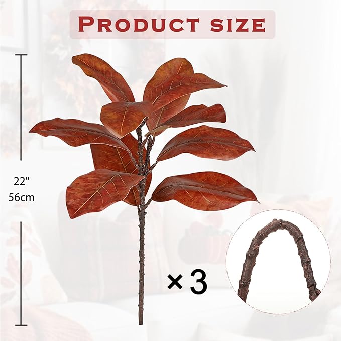 Briful Artificial Magnolia Leaves Stems 3 Pack 22in Orange Fake Magnolia Branches for Vase Fall Leaves Stems for Home Room Arrangements Centerpieces Thanksgiving Décor (Vase Not Included)