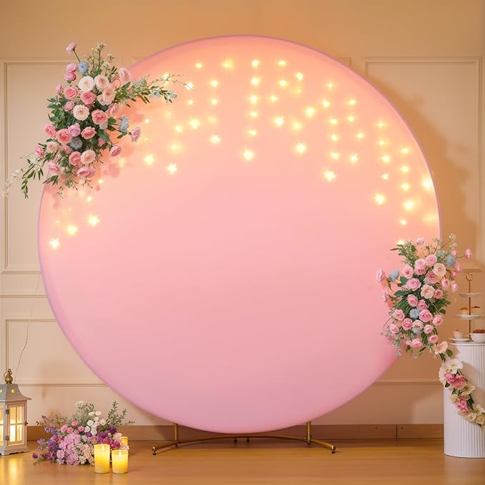 7.2 FT Pink Round Backdrop Cover with Lights String for Circle Arch Stand Circle Backdrop Covers with LED Fairy Lights for Wedding Baby Shower Girls Birthday Party Photo Shoot Photography Background