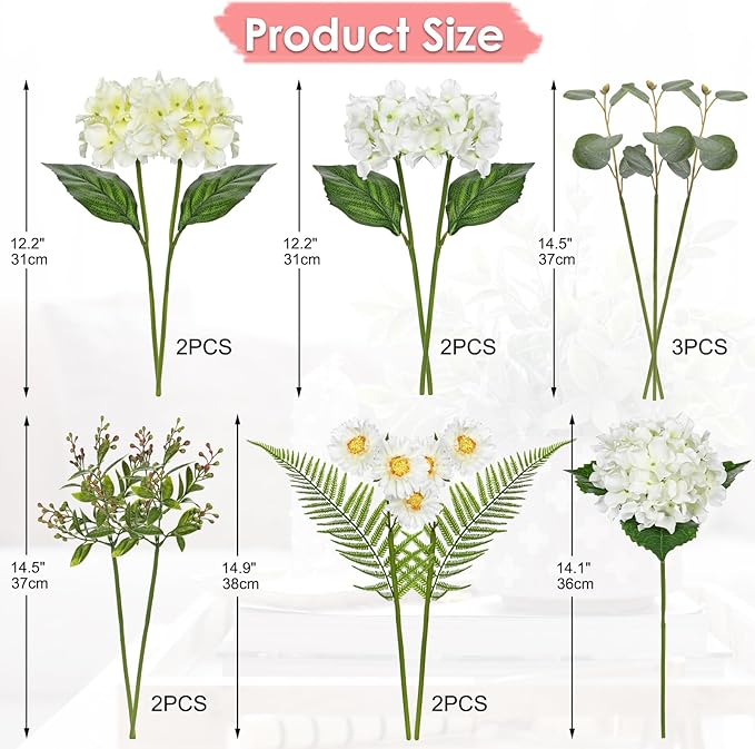Hydrangea Artificial Flowers 12PCS White Faux Flowers Fake Hydrangea Daisies Silk Arrangements Realistic Fake Flowers for Vase Floral Centerpiece Arrangements Wedding Bridal Bouquet Party Home Decor