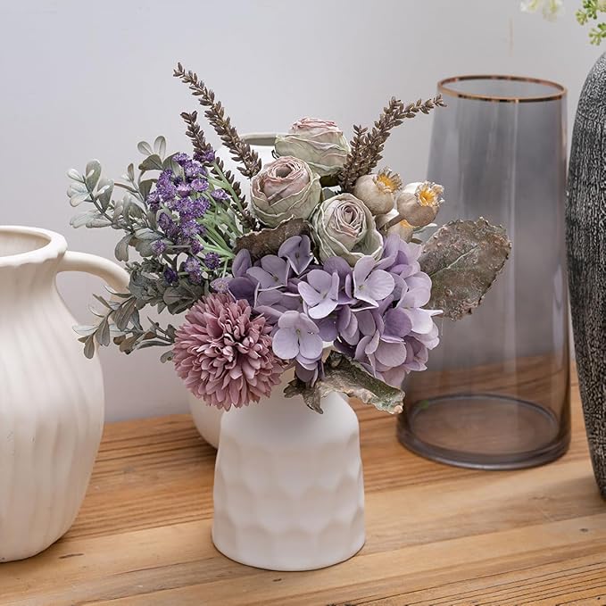 13-inch Small Artificial Fake Flowers for Table Arrangements, Silk Faux Bouquets with Three Roasted Edge Roses, Hydrangeas, Globeflower, babysbreaths, Ideal for The Kitchen or Bedroom.