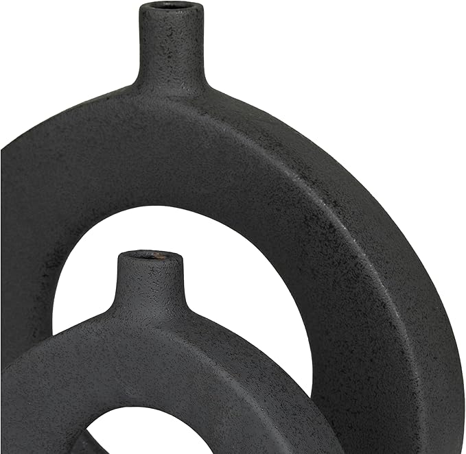 CosmoLiving by Cosmopolitan Ceramic Decorative Vase Round Donut Shaped Centerpiece Vases, Set of 2 Flower Vases for Home Decoration 15", 10"H, Black