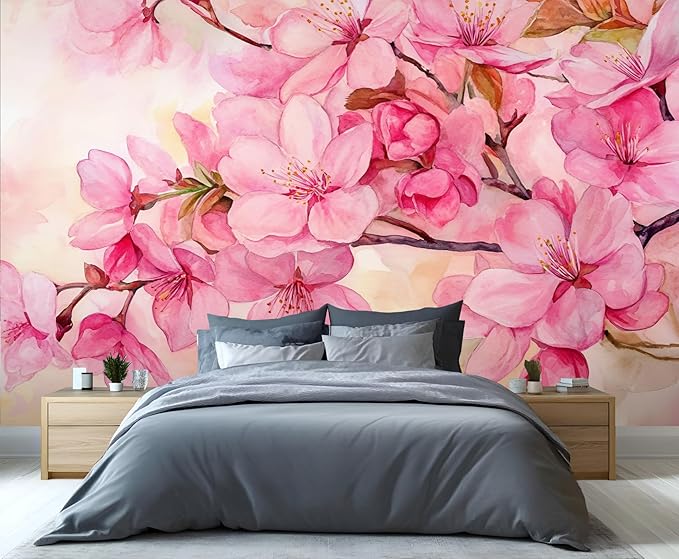 Watercolor Cherry Blossom Wall Mural, Japanese Cherry Blossom 3D Wall Murals, Simple Elegant Flowers Wallpaper Mural, for Living Room Bedroom Large Wallpaper Indoor Decor 78.7" W x55.1 H
