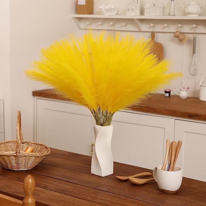 Faux Yellow Pampas Grass - 30pcs 24 Inch Short Artificial Pampas Grass Decor, Fake Pompas Floral for Vase Filler, Wedding Flower Arrangement, Party and Home Decor (Yellow, 30 Pieces)