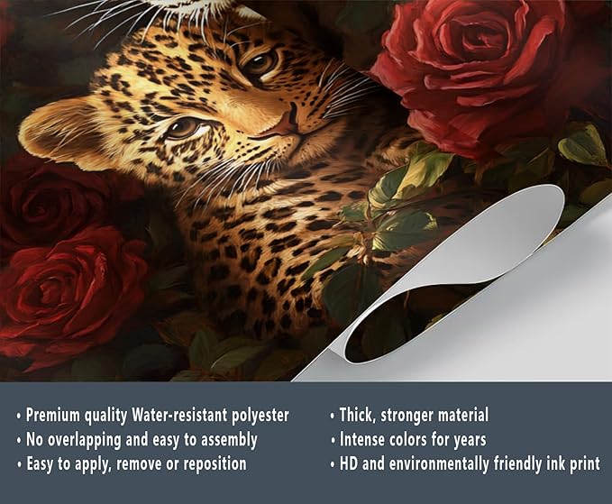 Jungle Rose Leopard Wall Mural, Big Cat Floral 3D Wall Murals, Wild Animal Leopard Wallpaper Mural, for Living Room Bedroom Large Wallpaper Indoor Decor 169.3" W x118.2 H
