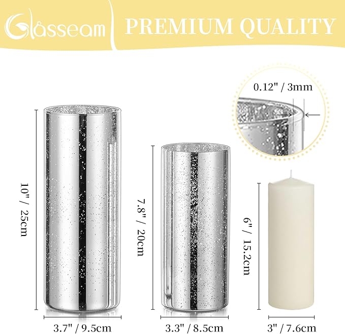 Glasseam Glass Cylinder Silver Vase: Set of 6 Decorative Flower Vases for Centerpieces Modern Vase for Flowers Wedding Decor Mercury Candle Holders for Pillar Candles Dining Table Decorations