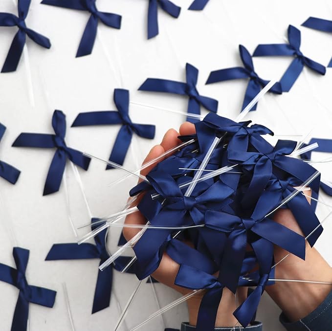 50 PCS 3 Inches Satin Bow Twist Ties, Ribbon Twist Tie Bows for Treat Bags, Pretied Bows, Twist Bows, Tied Bows with Wire, Pre Tied Ribbon Bows for Baby Shower, Favors, Popcorn (Navy Blue)