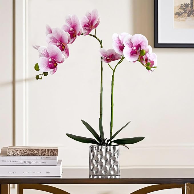 Artificial Orchid with Silver Vase, 20 Inch Purple Heart White Flowers, Indoor Home Decor