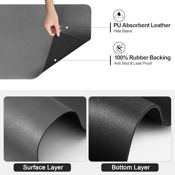 Dish Drying Mat for Kitchen Counter | Coffee Bar Mat for Countertops | Heat Resistant Drainer Mat with Non-slip Rubber Backed | Hide Stain Kitchen Absorbent Draining Mat | Dark Grey 18"x28"