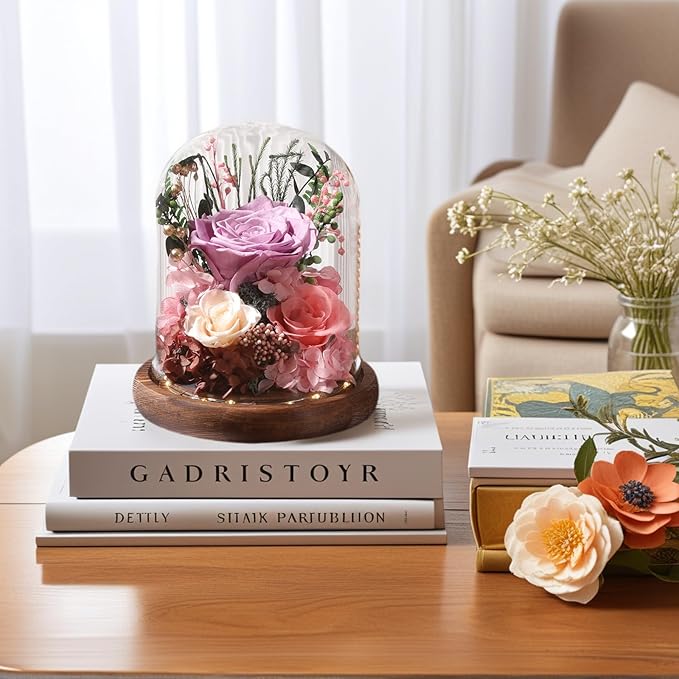 Flowers for Delivery Prime Preserved Flowers Lilac Roses with LED Light in a Glass Dome,Long Lasting Real Roses Birthday Gifts for Women Daughter Mom Wife Friend（Lilac Rose）