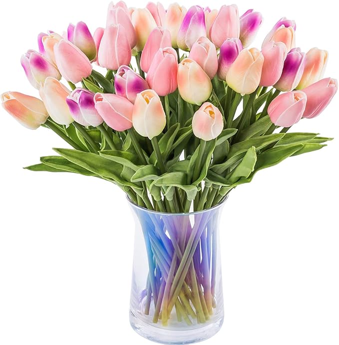 30pcs Artificial Tulips Flowers Real Touch Multicolored Tulips Fake Holland PU Tulip Bouquet Latex Flowers for Wedding Party Office Home Kitchen Decoration (Champagne Light Purple Pink)