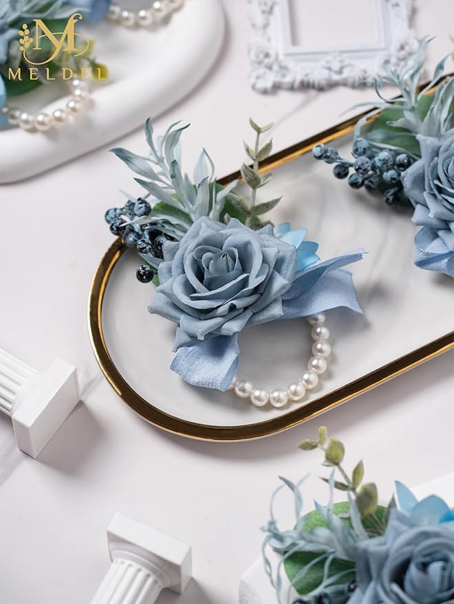 Meldel Dusty Blue Rose Wrist Corsage for Women, Set of 6, Wedding Bridal Corsage Hand Flower Decor for Prom Corsages Party Homecoming, Wristband Flowers for Bride Bridesmaid Girl Mother Wristlet Décor
