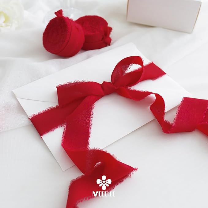 MEEDEE Red Chiffon Ribbon 1 Inch Frayed Ribbons Chiffon Silk Red Fringe Ribbons Thin Chiffon Ribbon for Crafts, Gift Wrapping, Wedding Invitation (3 Rolls 21 Yards)