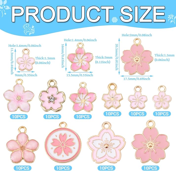 KISSITTY 100Pcs Light Gold Alloy Enamel Charms Cherry Blossom Flower Charm Bulk Gold Plated Pendant Cute Small Floral Dangle Charms for DIY Jewelry Making Kit Bracelet Necklace Keychain Crafts