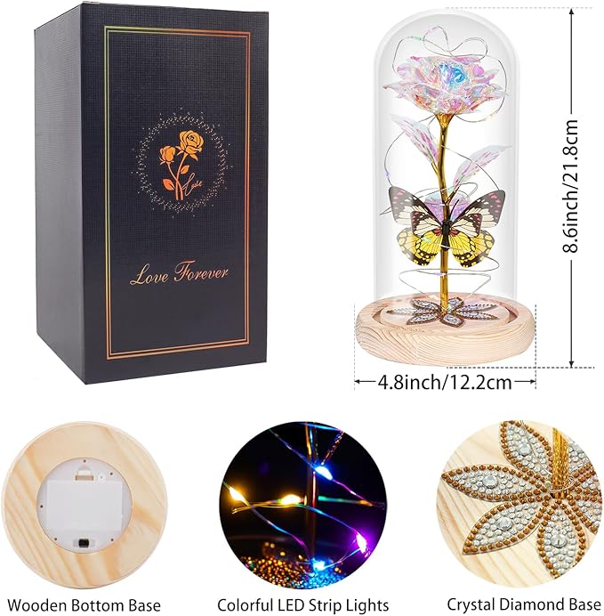 Beferr Christmas Rose Gifts for Women Mom Birthday Gifts, Galaxy Glass Rose Forever Preserved Flowers for Delivery Prime Light Up Rose in Glass Dome with Butterfly Xmas Gifts for Grandma Her Wife