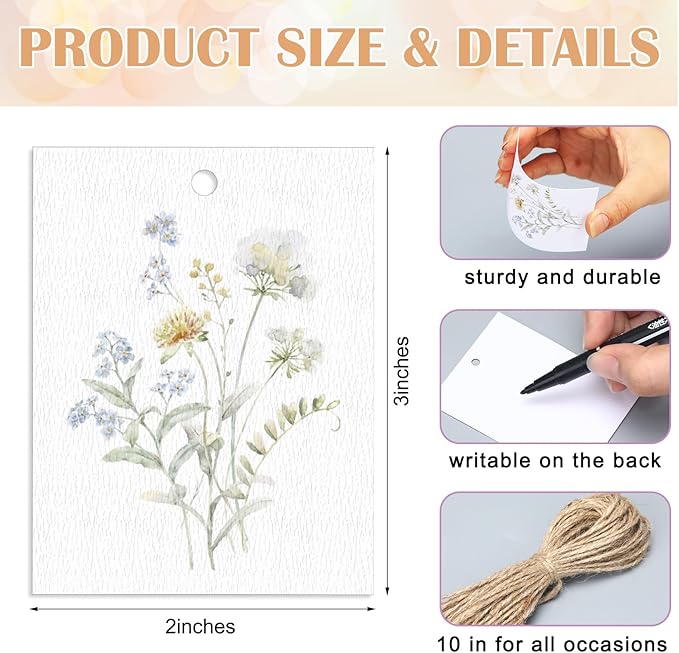 50 Set Floral Blank Gift Tags with String, 2 x 3 in Watercolor Bouquet Paper Gift Tags Set 5 Assorted Flower Designs Label Tag for Wedding Bridal Baby Shower Xmas Party Decor Supplies