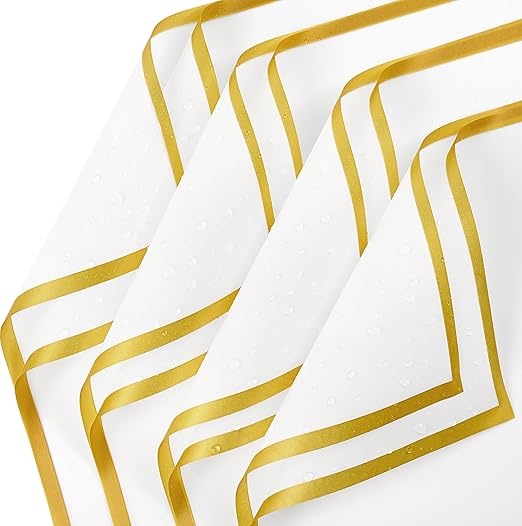 Jutieuo 20 Sheets White Flower Wrapping Paper, Waterproof Floral Wrap Gold Edge Bouquet Wrapping Paper Florist Supplies (22.8 x 22.8 inch)