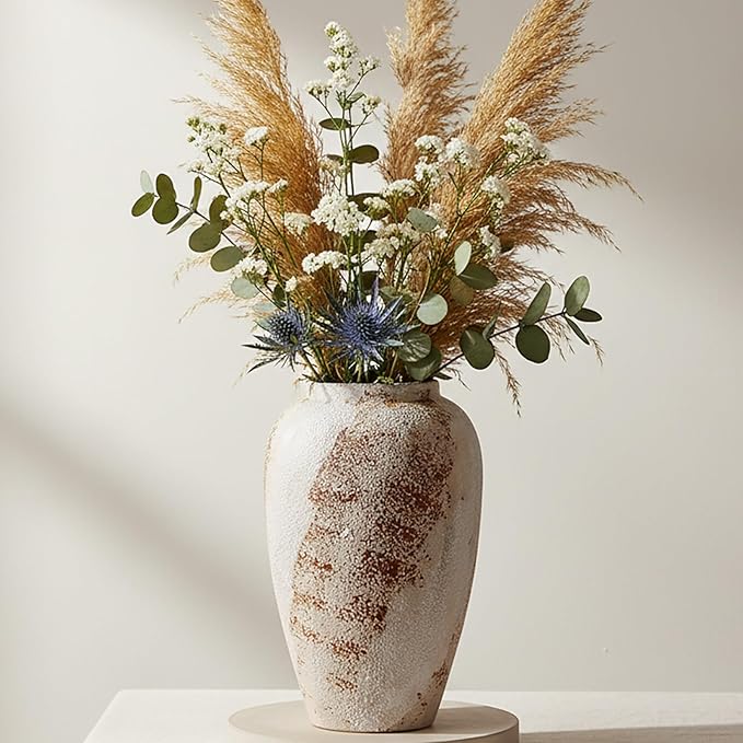 Vintage Ceramic Vase, Minimalist Texture Stone Patterned White Flower Vase, Decorative Vase for Living Room Shelf Farmhouse Dining Table Centerpiece Decor (Rustic 11.8'')