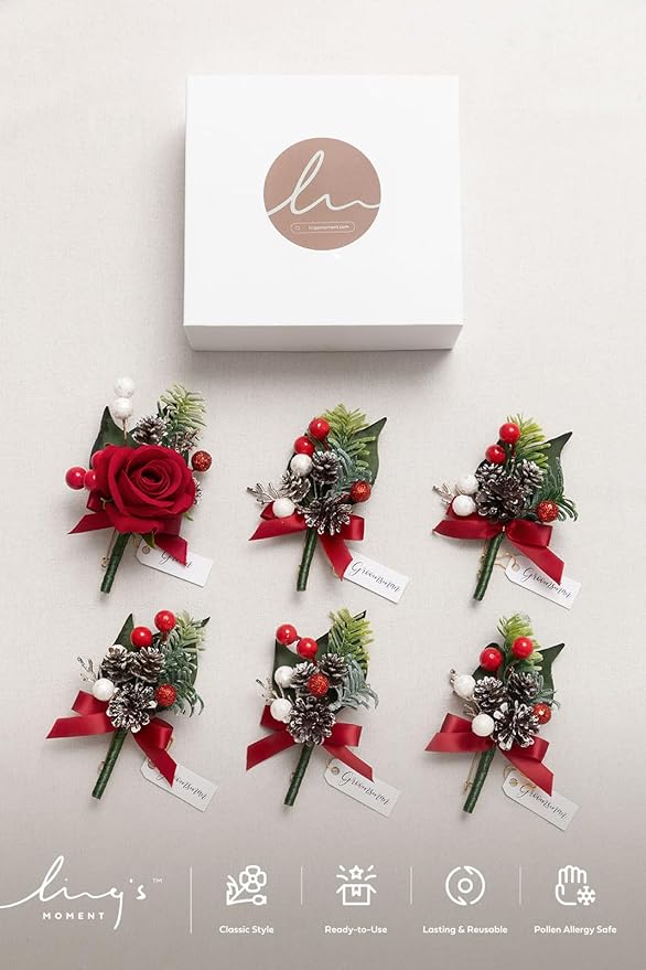 Ling's moment Boutonniere for Men, 6pcs Groom Groomsmen Boutonniere, Artificial Flowers for Wedding Decor/Prom/Homecoming, etc.Christmas Red Berry