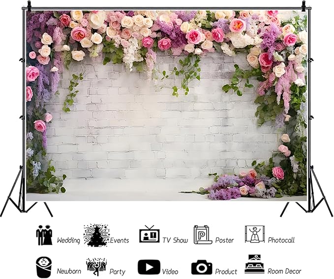 9x6ft Wedding Backdrop Rustic White Brick Wall Flowers Photography Background Bridal Shower Wedding Party Adults Portraits Decoration Supplies Photo Booth Props