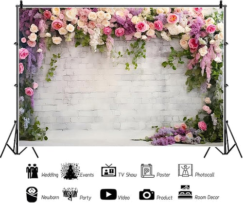10x6.5ft Wedding Backdrop Rustic White Brick Wall Flowers Photography Background Bridal Shower Wedding Party Adults Portraits Decoration Supplies Photo Booth Props