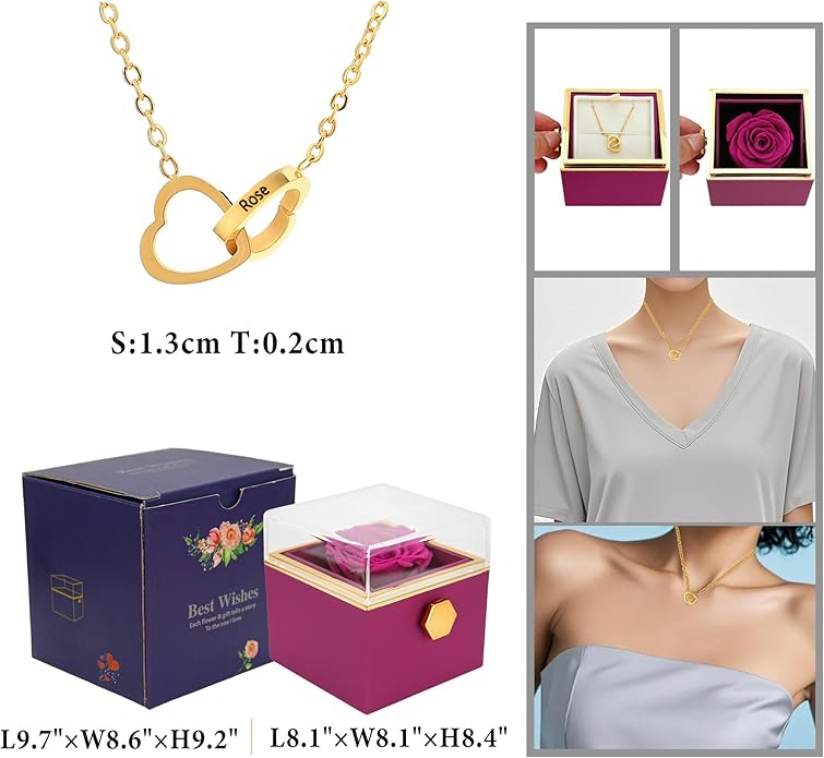 ‌TINGKU Eternal Real Rose Gift Box for Women, Preserved Rose with Customized Name Engraved Heart Necklace, Personalized Romantic Gift for Wife, Girlfriend, Mom, Mother's Day Love Keepsake