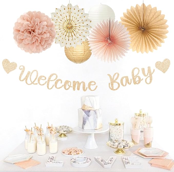 Champagne-Gold Fall Boho Baby Shower Party-Decorations - 21pcs Girls Welcome Baby Banner,Beige One Sweet Peach Paper Lanterns Pom Poms, Neutral Streamers Garland Decor Favors Huglony