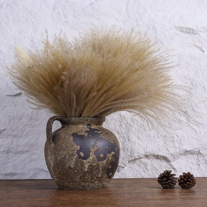 Rustic Vase with Handles, Farmhouse Vase for Home Decor, Wabi Sabi Decor Pottery Vases, Vintage Stone Terracotta Vases Suitable for Living Room, Fireplace, Shelf Decor, Dining Table Decorative