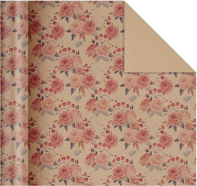 Aimyoo Pink Rose Floral Kraft Wrapping Paper Roll, All Occasion Vintage Flower Gift Wrap for Wedding Birthday Bridal Shower, 17 inch x 10 ft