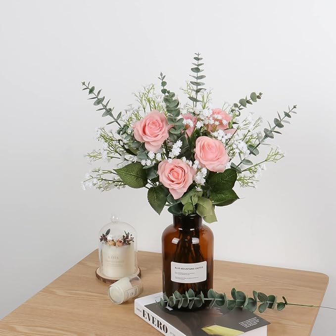 DEEMEI 18pcs Babys Breath Artificial Flowers Fake Eucalyptus Leaves Flowers Bouquet Artificial White Gypsophila Bouquets Real Touch Faux Flowers for Wedding Floral Arrangement Party Home Decoration