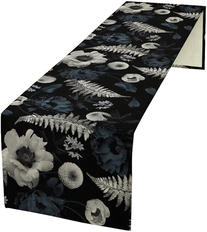Vintage Floral Table Runner,Gothic Blue White Retro Floral Plant Print Table Runner for Home Kitchen Table Dining Indoor Outdoor Party Decor 13x90 Inch