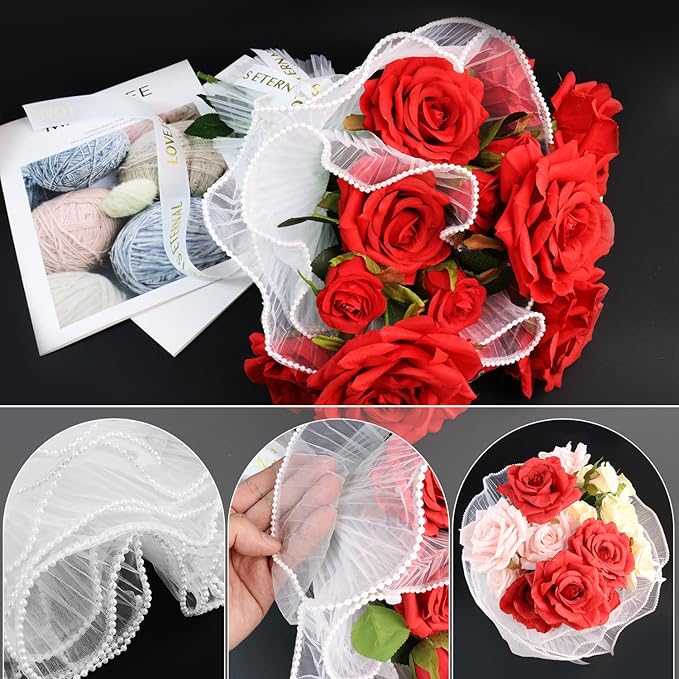 4 Yards Pearl Mesh Flower Wrapping Paper for Bouquets, Korean Floral Wrapping Paper, Pearl Mesh for Bouquets, DIY Gift Packaging, Valentines Flower Shop Decoration (Yards White)