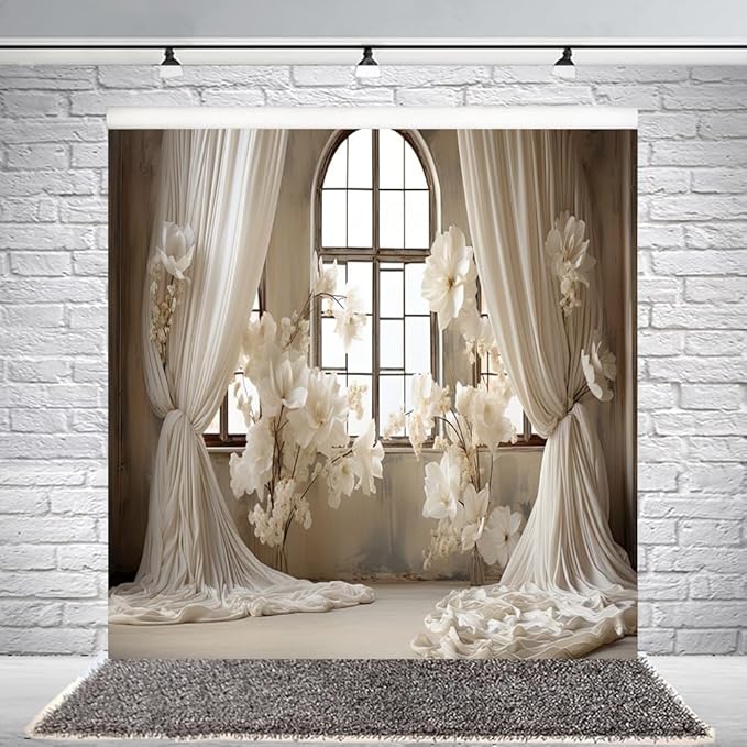 10x10ft Wedding Party Decorations Banner Backdrop Wedding Reception Photography Backdrop White Floral Flowers Curtains French Frame Photo Backgrounds Baby Shower Photo Shoot Portraits Props