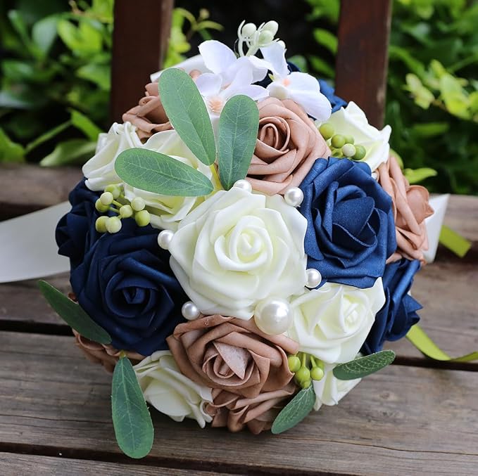 Lightweight Bridal Wedding Bouquet Round Holding Bouquet Throw Toss Artificial Rose Flower Bunch for Bride Bridesmaid Wedding Quinceanera (Cream, Navy & Rosy Brown, 6.7")