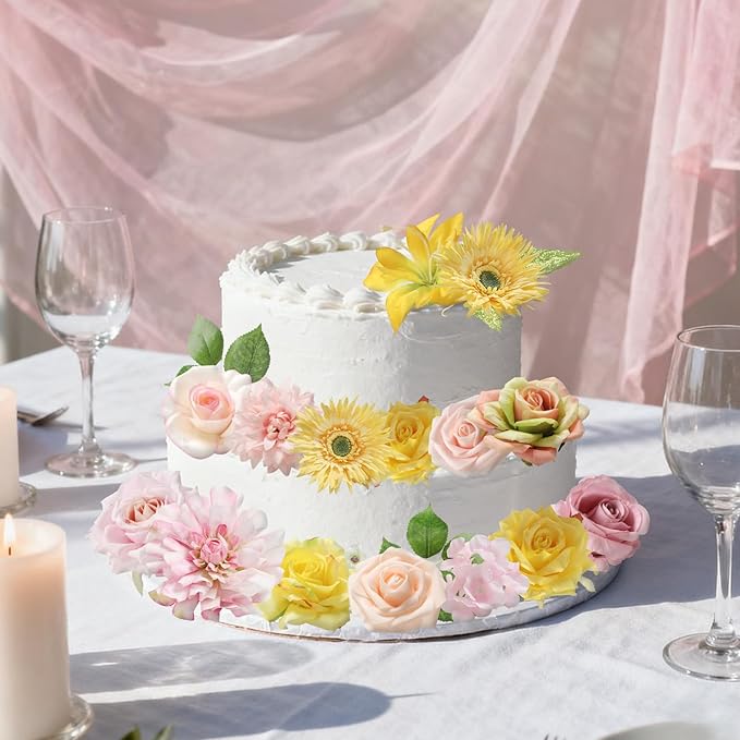 Yellow Pink Artificial Flowers Combo Set Fake Flower Leaf Box with Stemst for DIY Wedding Bridal Bouquet, Centerpieces, Home Decor, Floral Arrangement Decor