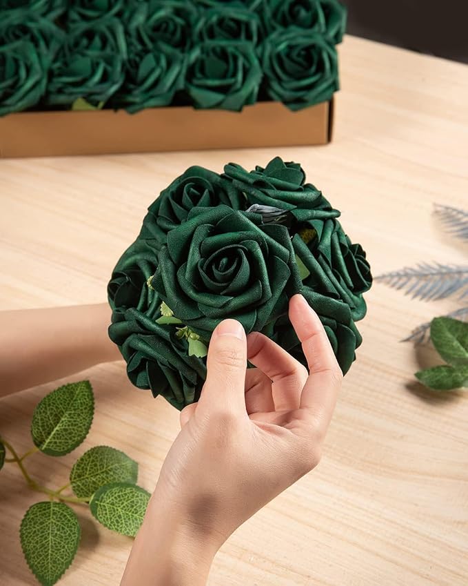 DuHouse 50Pcs Artificial Roses Flowers Fake Roses with Stems Real Touch Foam Flowers for DIY Wedding Bouquet Baby Shower Centerpiece Floral Arrangement Party Home Decor(Hunt Green)