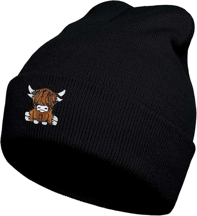 Scottish Highland Cow Beanie Hat, Cute Funny Cow Embroidery Winter Knit Skull Cap for Adult Men Women