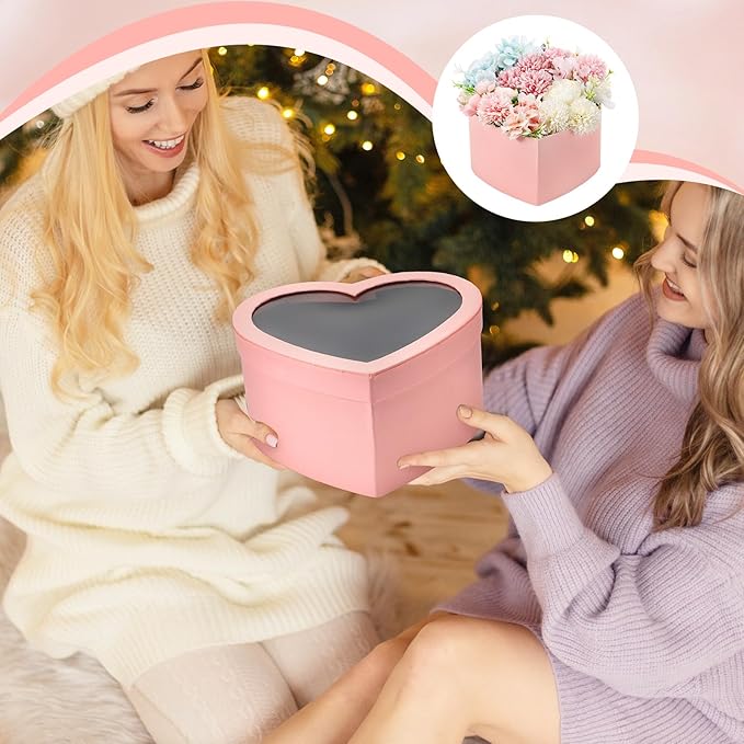 Nuenen Heart Shaped Flower Gift Boxes, Floral Gift Box with Lids Floral Foam Clear Cellophane 9.8 x 9 x 5 Inches for Birthday Wedding Proposal Packaging Arrangements(Pink)