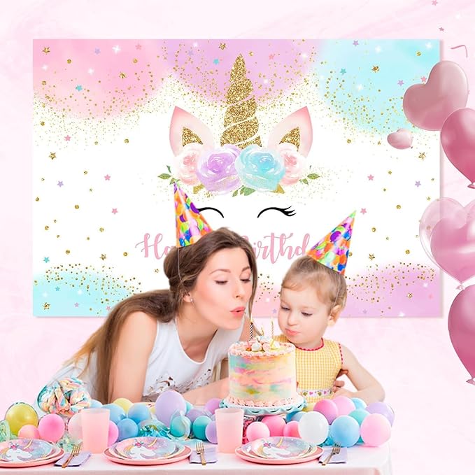 Mocsicka Unicorn Birthday Decorations Unicorn Backdrop for Girls Birthday Party 7x5ft Pastel Rainbow Unicorn Glitter Stars Dots Happy Birthday Banner Photo Booth Props