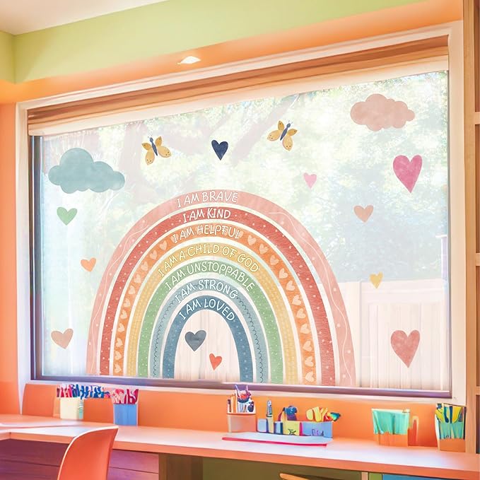 Large Rainbow Window Stickers Kids Inspirational Window Decals Peel and Stick Double Sided Rainbow Window Clings Anti Collision Motivational Window Decals for Nursery Playroom Classroom Bedroom Decor