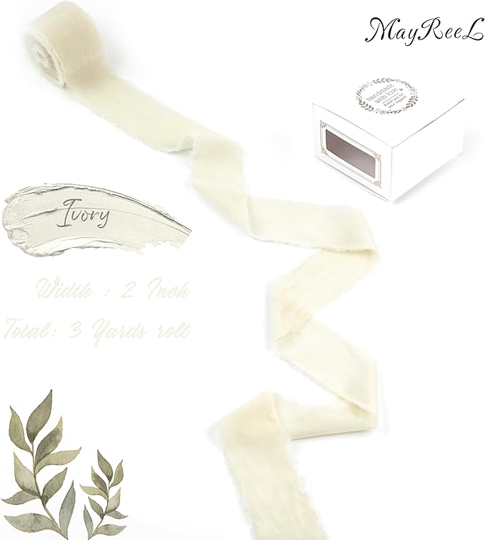 MAYREEL Ivory Velvet Ribbon 2 Inch Hand Torn Light Cream Silk Frayed Edge Ribbon for Bridal Bouquets Invitations Wedding Vow Books Gift Baskets Hair Bows 3 Yards